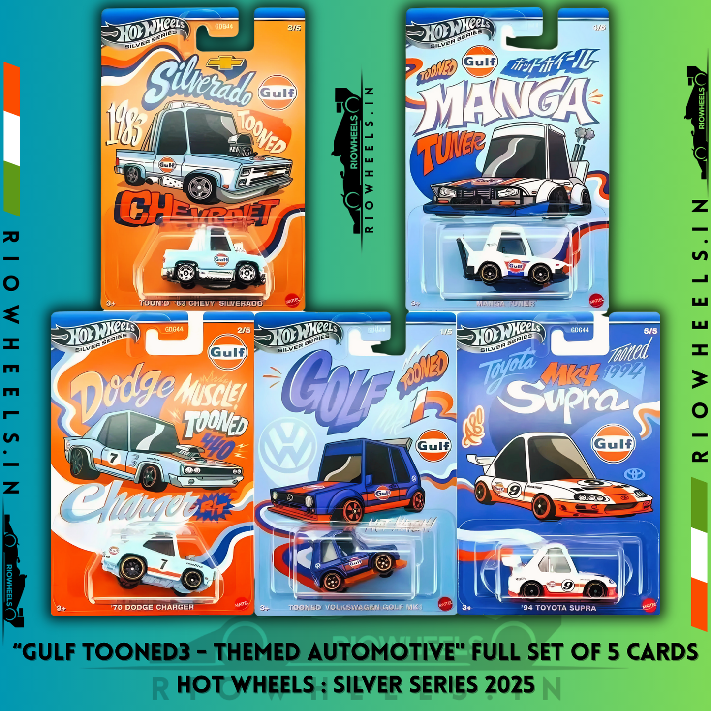 GULF TOONED SET OF 5 CARDS - SILVER SERIES - HOT WHEELS