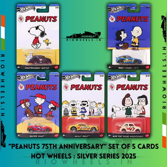 |3549/- || PEANUTS 75TH ANNIVERSARY - SET OF 5 CARDS - HOT WHEELS SILVER SERIES 2025 - HOT WHEELS